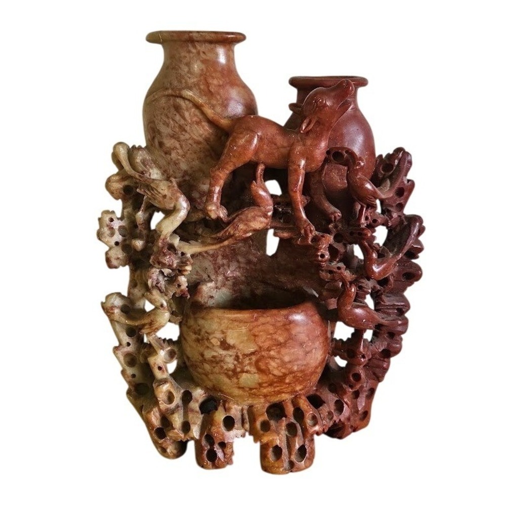 Vintage Hand Carved Soapstone Vase Animal Bird Figural Sculpture Red Brown 9in